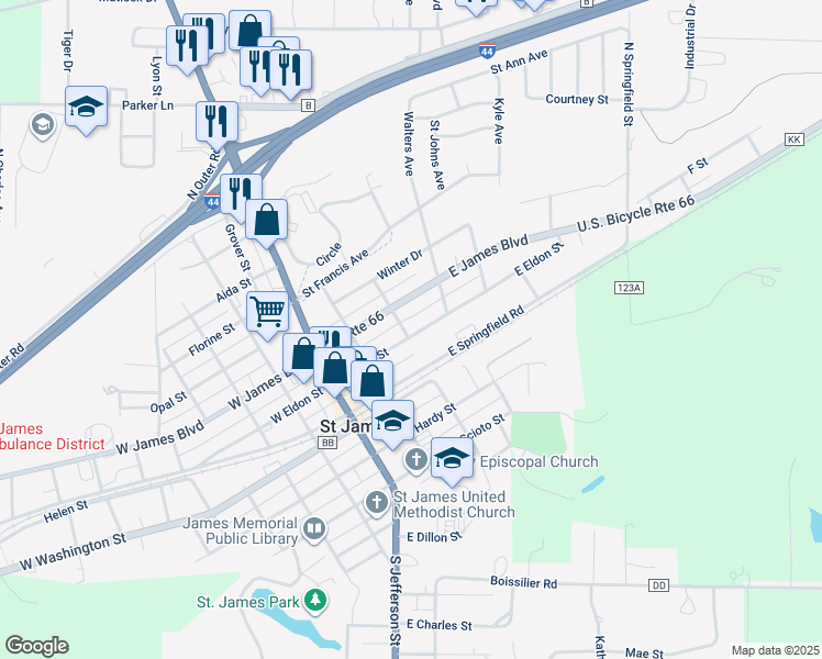 map of restaurants, bars, coffee shops, grocery stores, and more near 202 North Wishon Street in Saint James