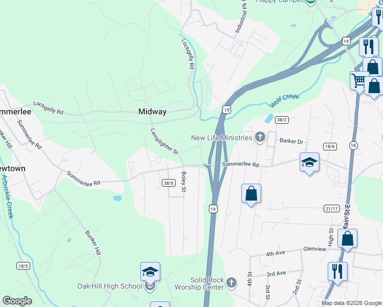 map of restaurants, bars, coffee shops, grocery stores, and more near 40 Lamplighter Street in Oak Hill
