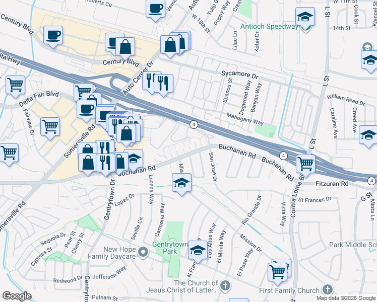 map of restaurants, bars, coffee shops, grocery stores, and more near 2600 Carlton Lane in Antioch