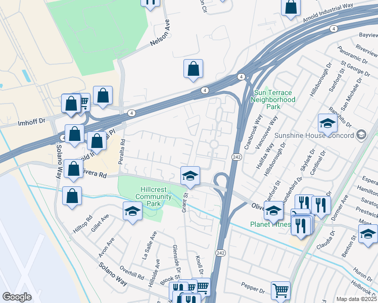 map of restaurants, bars, coffee shops, grocery stores, and more near 2197 Dalis Drive in Concord