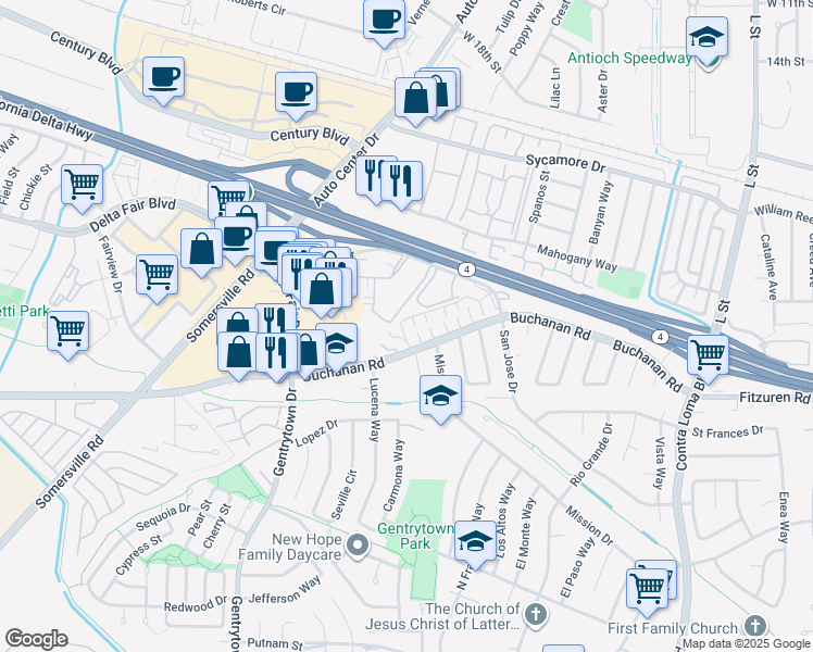 map of restaurants, bars, coffee shops, grocery stores, and more near 2505 Georgetown Lane in Antioch