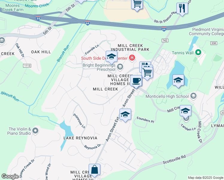 map of restaurants, bars, coffee shops, grocery stores, and more near 1255 Copperstone Drive in Charlottesville