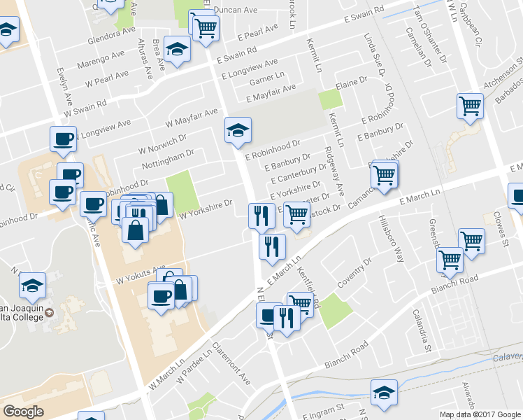 map of restaurants, bars, coffee shops, grocery stores, and more near 219 East Lancaster Drive in Stockton