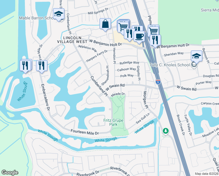 map of restaurants, bars, coffee shops, grocery stores, and more near 6046 Cumberland Place in Stockton