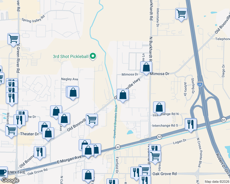 map of restaurants, bars, coffee shops, grocery stores, and more near 6013-6199 Old Boonville Hwy in Evansville