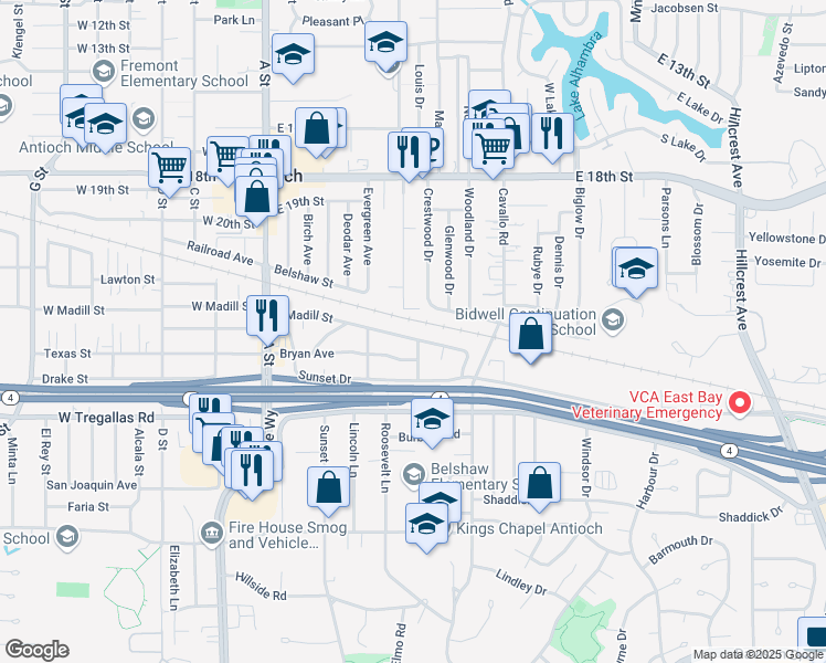 map of restaurants, bars, coffee shops, grocery stores, and more near 63 East Madill Street in Antioch