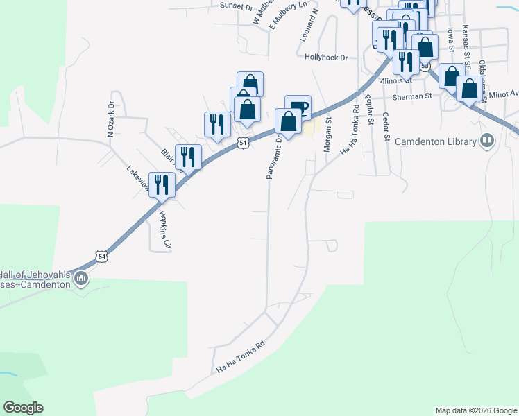 map of restaurants, bars, coffee shops, grocery stores, and more near 114 Rustic Pl in Camdenton