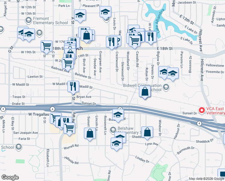 map of restaurants, bars, coffee shops, grocery stores, and more near 63 East Madill Street in Antioch