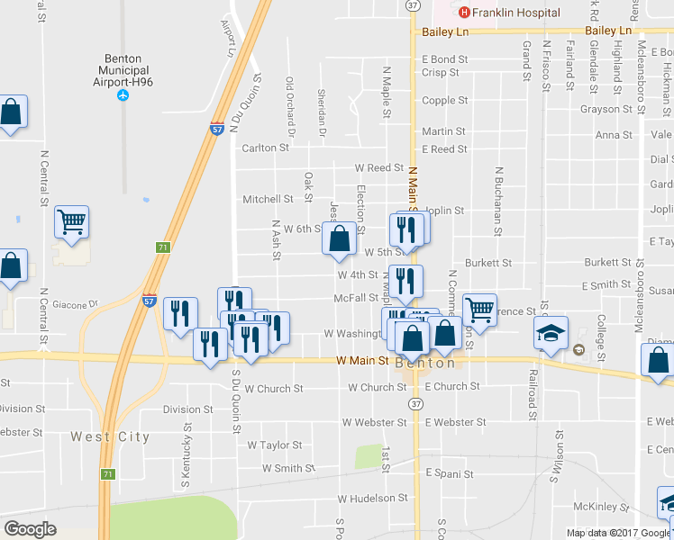 map of restaurants, bars, coffee shops, grocery stores, and more near 315 West 4th Street in Benton
