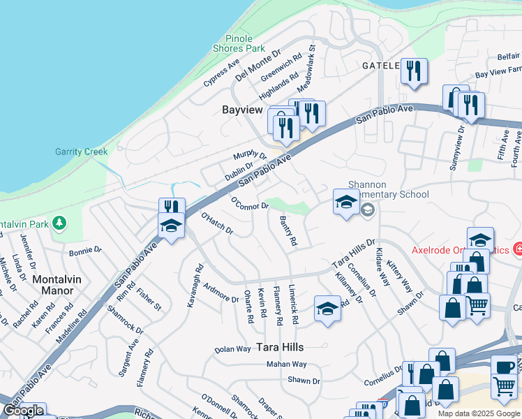 map of restaurants, bars, coffee shops, grocery stores, and more near 401 O'Connor Drive in Pinole