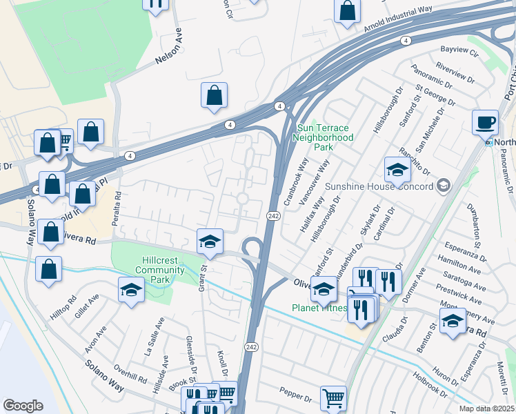 map of restaurants, bars, coffee shops, grocery stores, and more near 3335 Northwood Drive in Concord