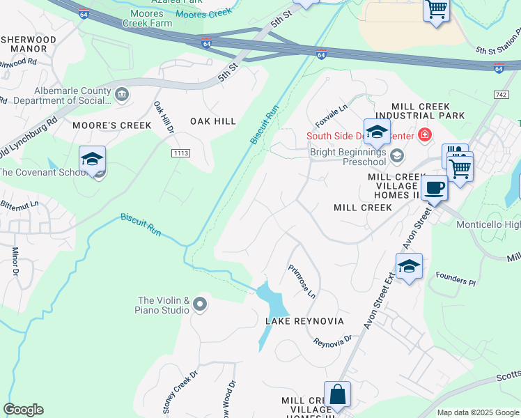 map of restaurants, bars, coffee shops, grocery stores, and more near 227 Flagstone Terrace in Charlottesville