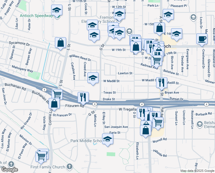 map of restaurants, bars, coffee shops, grocery stores, and more near 604 Texas Street in Antioch