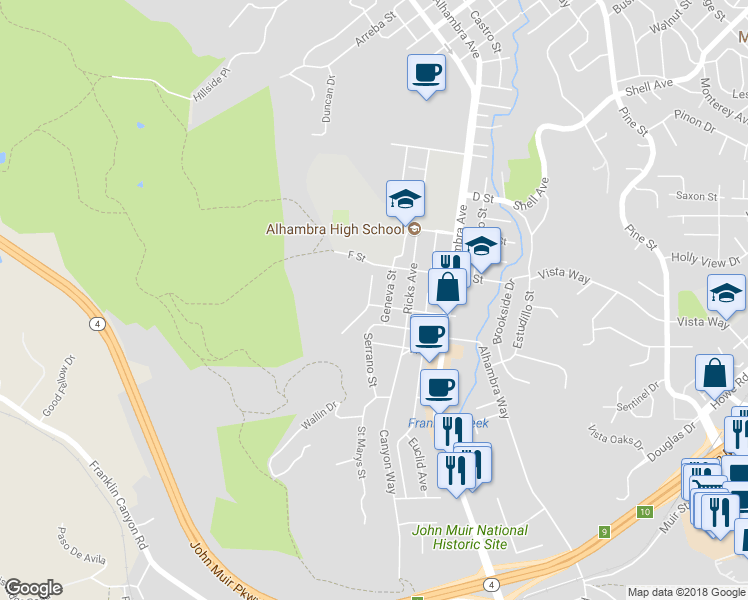 map of restaurants, bars, coffee shops, grocery stores, and more near 3355 Glendora Drive in Martinez