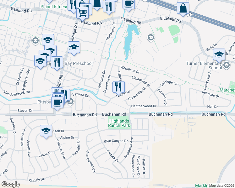 map of restaurants, bars, coffee shops, grocery stores, and more near 1557 Norine Drive in Pittsburg