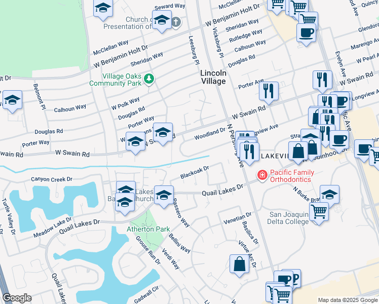 map of restaurants, bars, coffee shops, grocery stores, and more near 1672 West Longview Avenue in Stockton