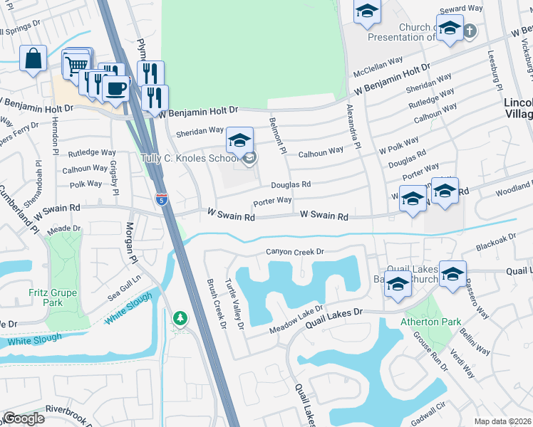 map of restaurants, bars, coffee shops, grocery stores, and more near 2574 West Swain Road in Stockton
