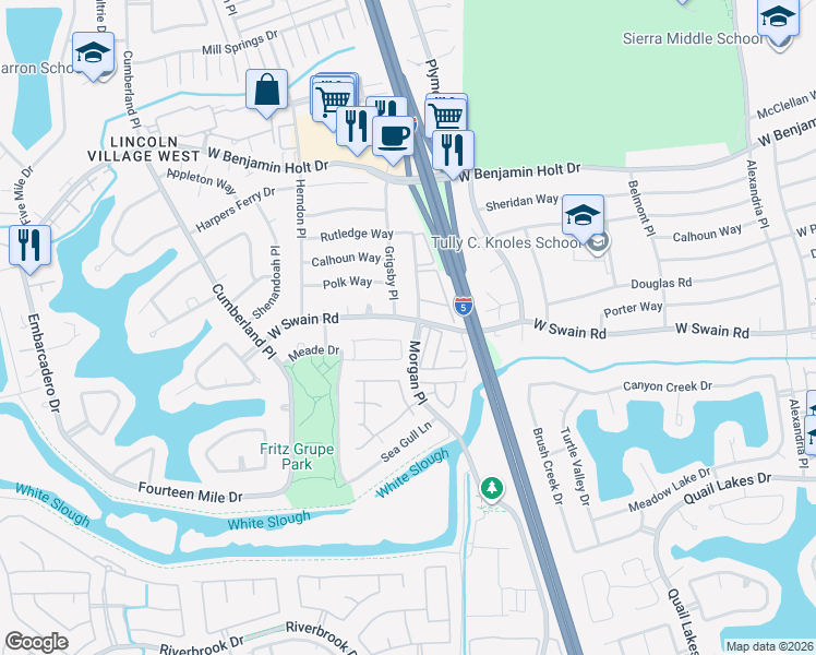map of restaurants, bars, coffee shops, grocery stores, and more near 2972 West Swain Road in Stockton