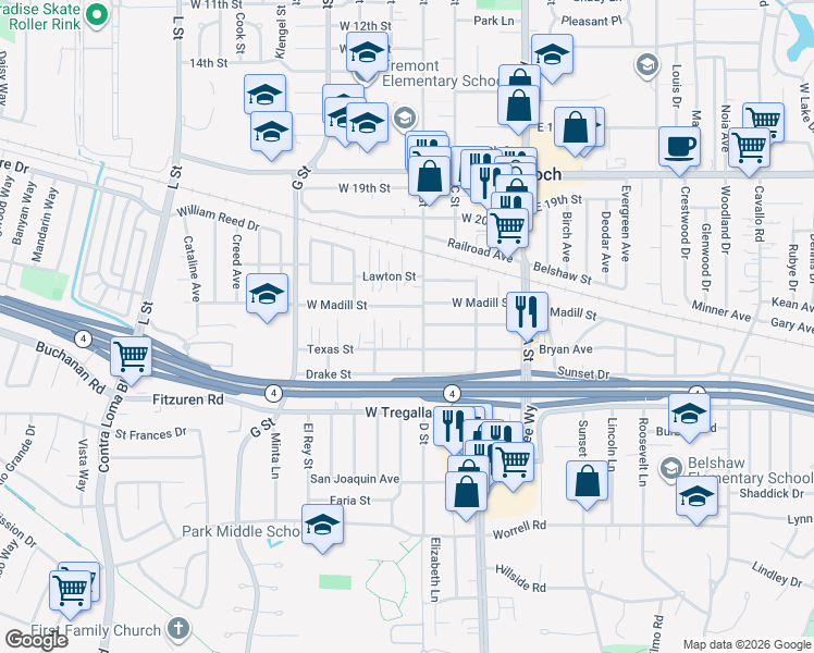 map of restaurants, bars, coffee shops, grocery stores, and more near 308 Texas Street in Antioch