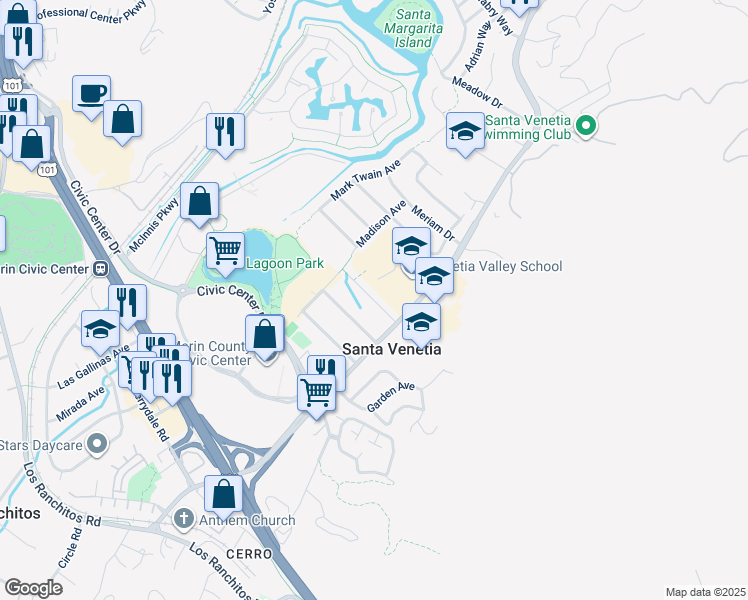 map of restaurants, bars, coffee shops, grocery stores, and more near 7 Roosevelt Avenue in San Rafael