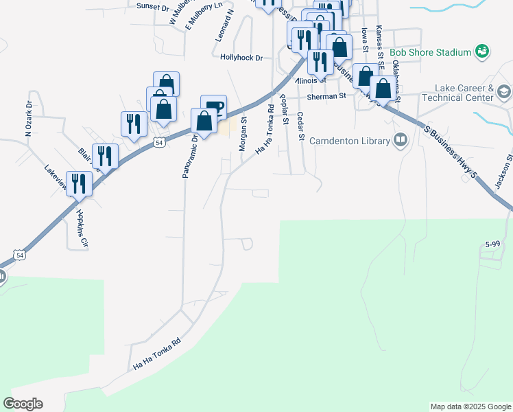 map of restaurants, bars, coffee shops, grocery stores, and more near 48 Suzanne Drive in Camdenton