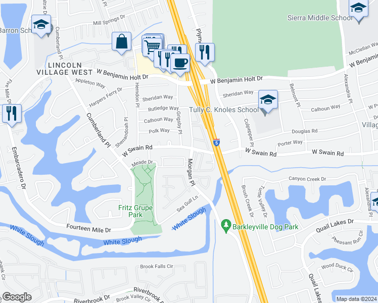 map of restaurants, bars, coffee shops, grocery stores, and more near 6047 Morgan Place in Stockton