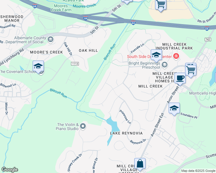 map of restaurants, bars, coffee shops, grocery stores, and more near 227 Flagstone Terrace in Charlottesville