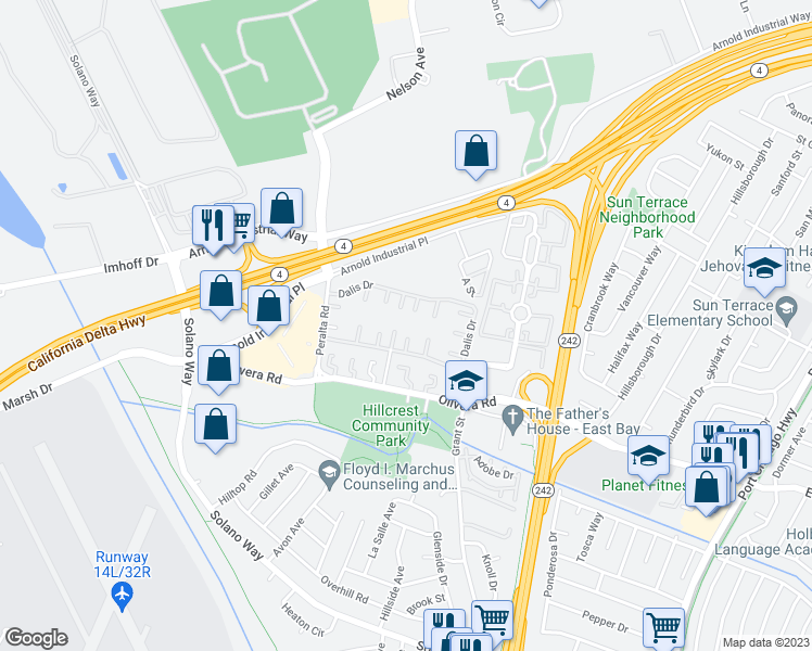 map of restaurants, bars, coffee shops, grocery stores, and more near 2067 Dalis Drive in Concord