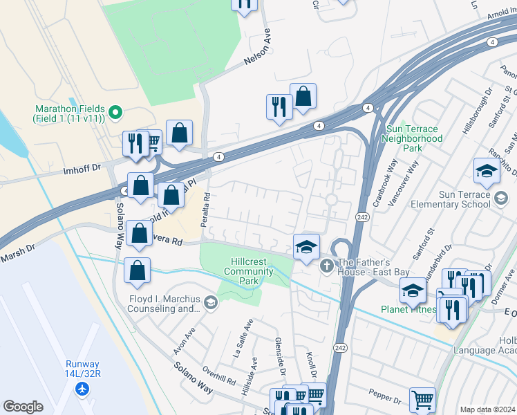 map of restaurants, bars, coffee shops, grocery stores, and more near 2099 Dalis Drive in Concord