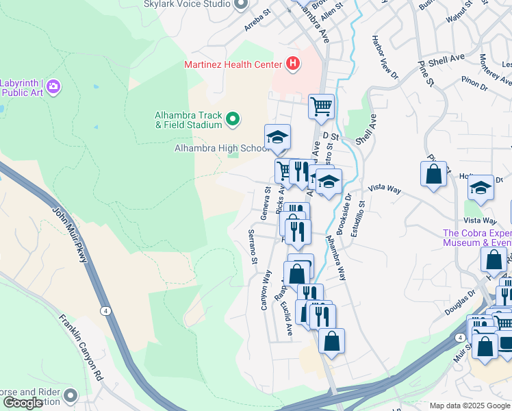 map of restaurants, bars, coffee shops, grocery stores, and more near 3355 Glendora Drive in Martinez