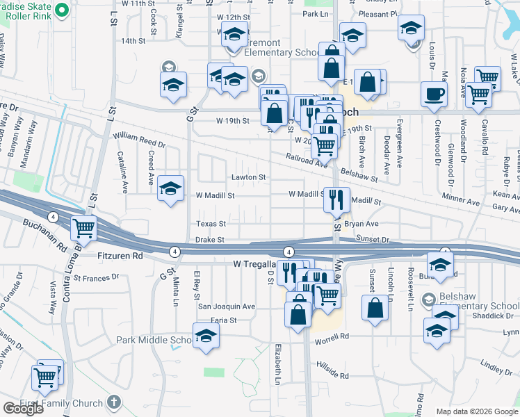 map of restaurants, bars, coffee shops, grocery stores, and more near 308 Texas Street in Antioch
