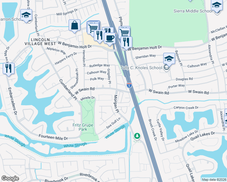 map of restaurants, bars, coffee shops, grocery stores, and more near 2972 West Swain Road in Stockton