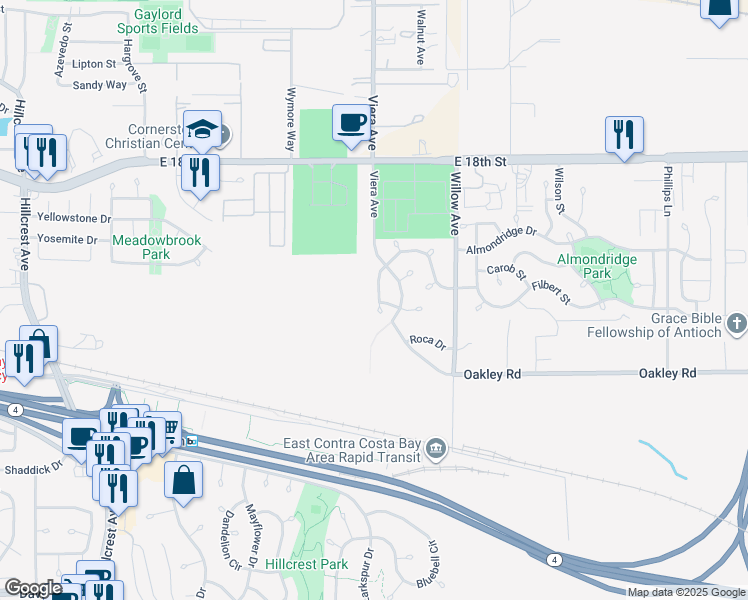 map of restaurants, bars, coffee shops, grocery stores, and more near 2209 Grapenut Court in Antioch