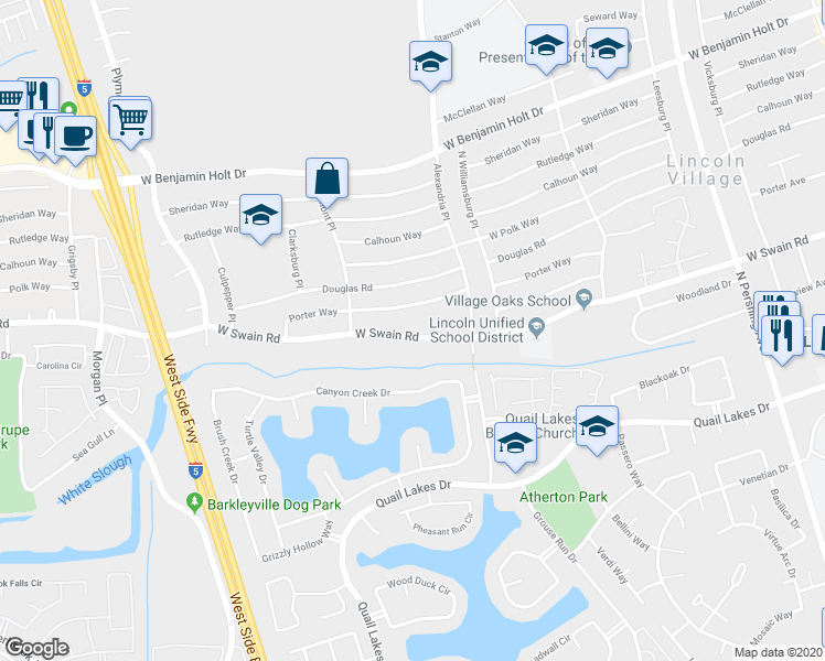 map of restaurants, bars, coffee shops, grocery stores, and more near 2323 West Swain Road in Stockton