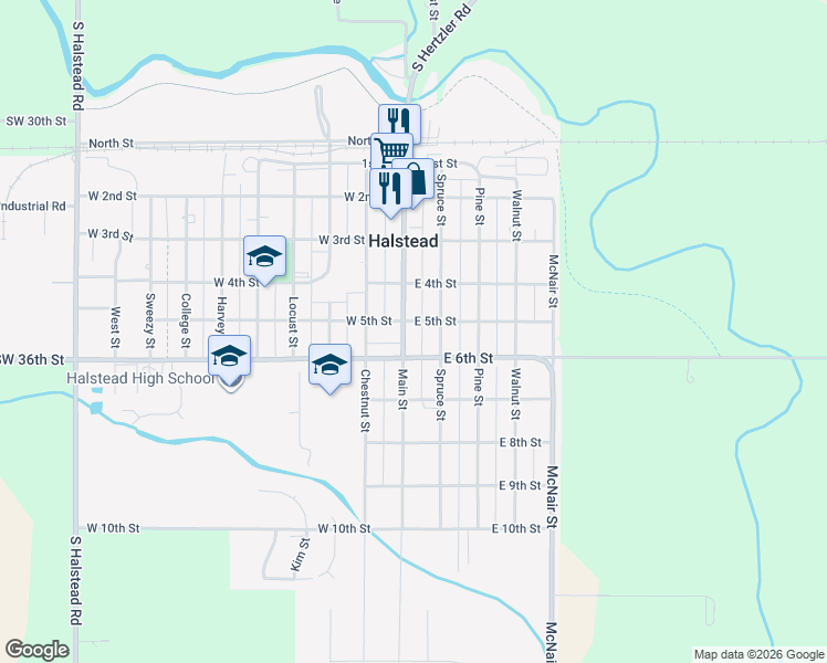 map of restaurants, bars, coffee shops, grocery stores, and more near 420 Main Street in Halstead
