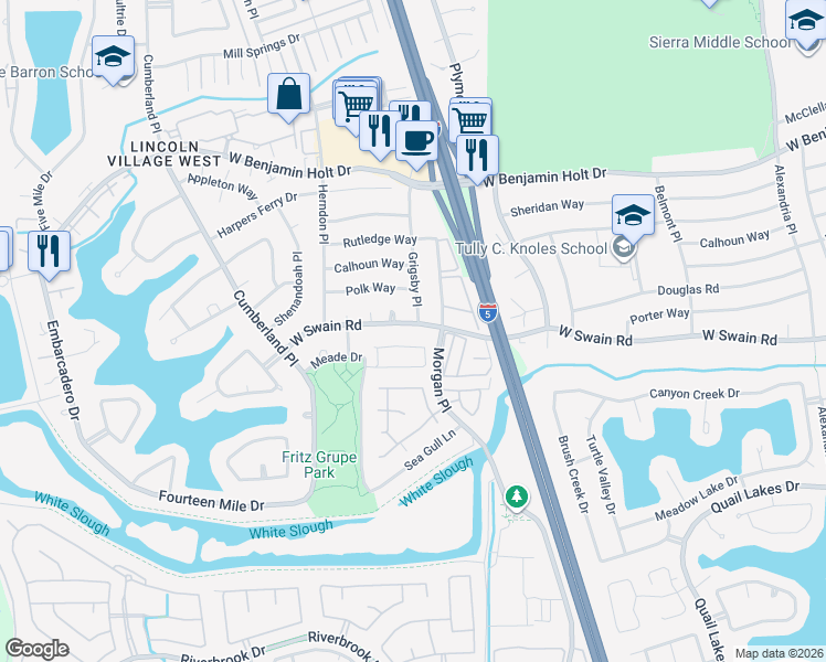 map of restaurants, bars, coffee shops, grocery stores, and more near 6119 Grigsby Place in Stockton