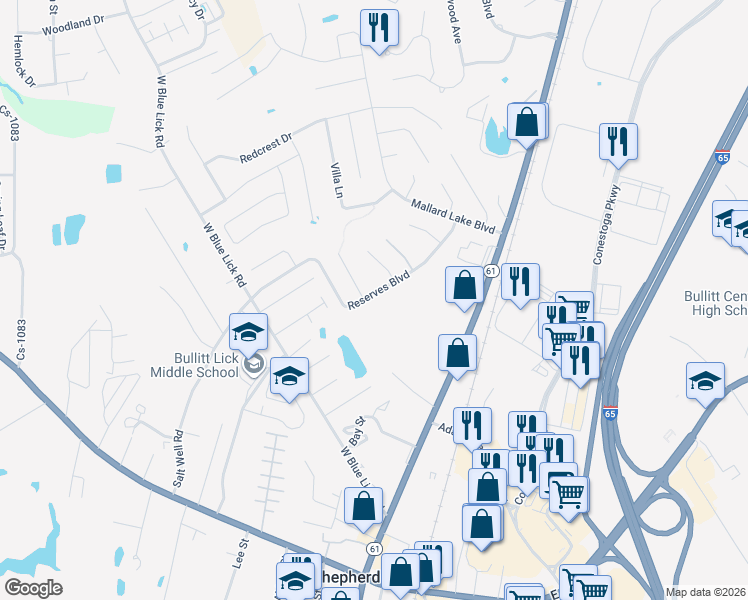 map of restaurants, bars, coffee shops, grocery stores, and more near 140 Teal Court in Shepherdsville