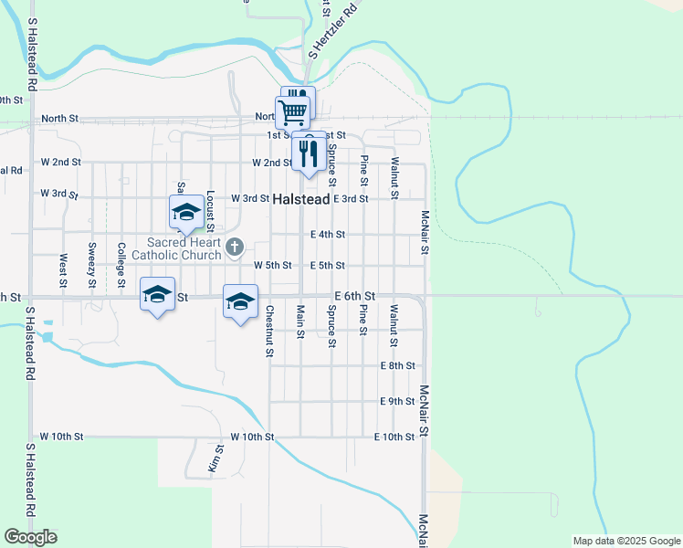 map of restaurants, bars, coffee shops, grocery stores, and more near 205 East 5th Street in Halstead