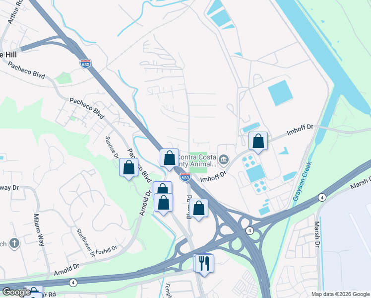map of restaurants, bars, coffee shops, grocery stores, and more near 4786 Blum Road in Martinez