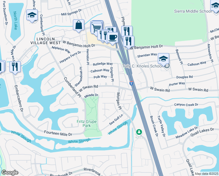 map of restaurants, bars, coffee shops, grocery stores, and more near 6119 Grigsby Place in Stockton