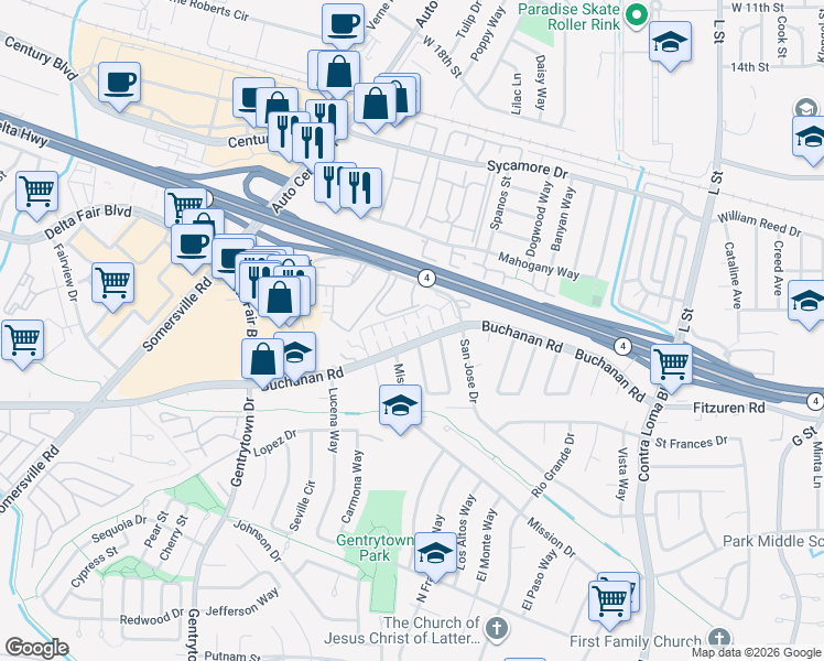 map of restaurants, bars, coffee shops, grocery stores, and more near 2005 San Jose Drive in Antioch