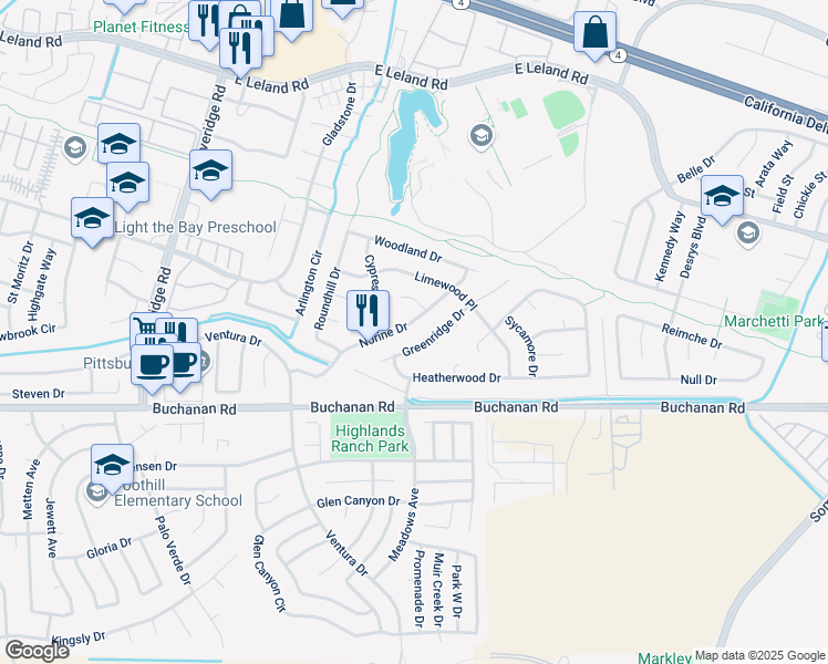 map of restaurants, bars, coffee shops, grocery stores, and more near 1637 Norine Drive in Pittsburg