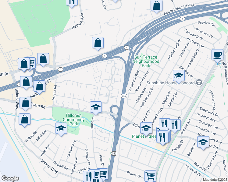 map of restaurants, bars, coffee shops, grocery stores, and more near 3530 Northwood Drive in Concord