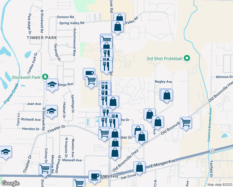 map of restaurants, bars, coffee shops, grocery stores, and more near 2624 North Cross Creek Drive in Evansville