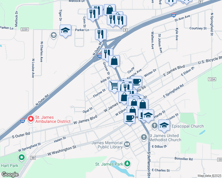 map of restaurants, bars, coffee shops, grocery stores, and more near 132 Aida Street in Saint James