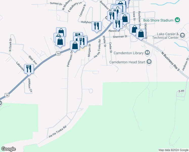 map of restaurants, bars, coffee shops, grocery stores, and more near 48 Suzanne Drive in Camdenton