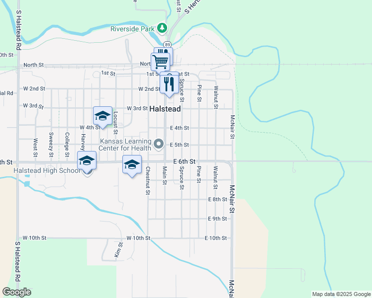 map of restaurants, bars, coffee shops, grocery stores, and more near 205 East 5th Street in Halstead