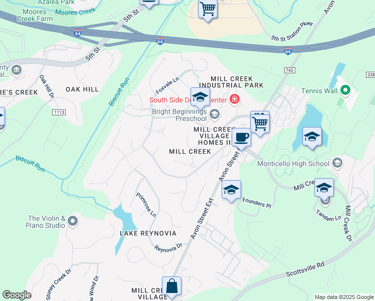 map of restaurants, bars, coffee shops, grocery stores, and more near in Albemarle