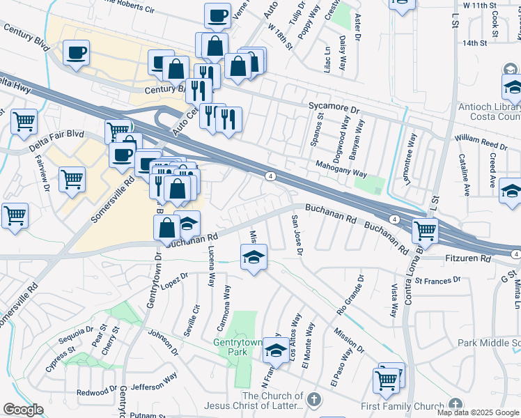 map of restaurants, bars, coffee shops, grocery stores, and more near 2608 Carlton Lane in Antioch