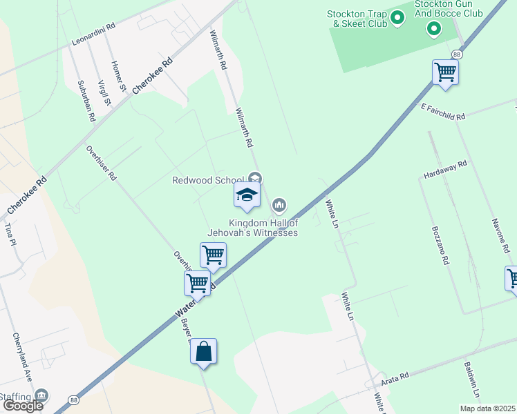 map of restaurants, bars, coffee shops, grocery stores, and more near 3507 Wilmarth Road in Stockton